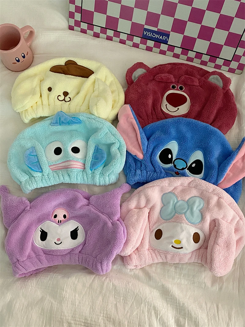 Description Picture 4 of itemSanrio Lovely Hair Towel Kuromi My Melody Pochacco Stitch Dry hair cap Cartoon Anime Coral Fleece Quick-Dry Bathroom