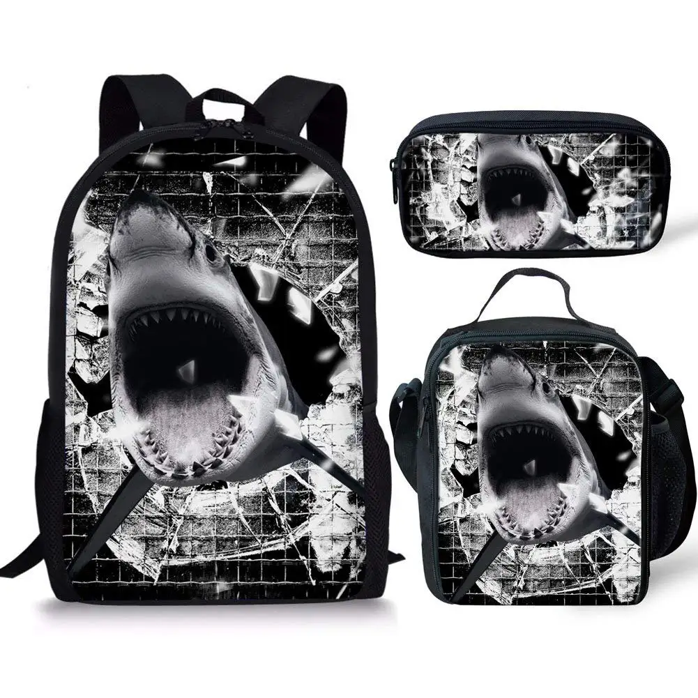 Shark Design 3Pcs School Bags Set for Teen Boys Girls Schoolbag Casual Backpack for Students Bookbag Large Capacity Backpack