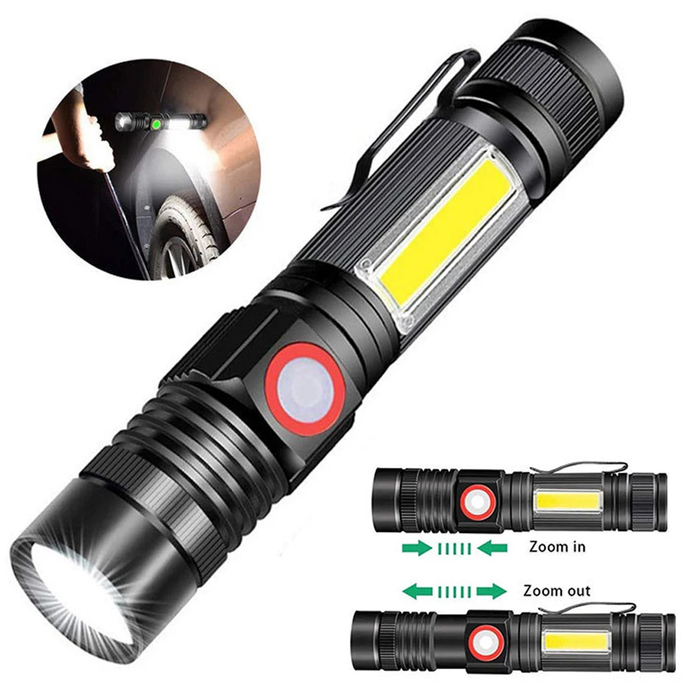 

T6 LED Super Bright Flashlight with Tail Magnet USB Rechargeable Waterproof COB Torch Zoom Camping Lamp Portable 18650 Lantern