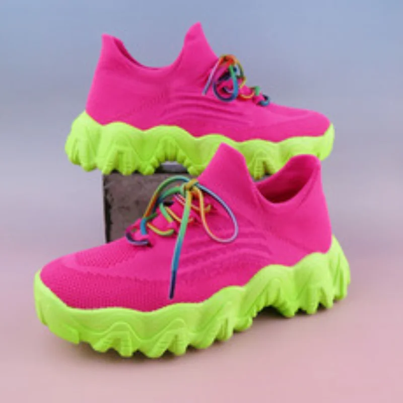 Spring Pink Casual Shoes Breathable Mesh Sports Sneakers Women Lace Up Ladies Comfort New Fashion Non-slip Sock Sneakers