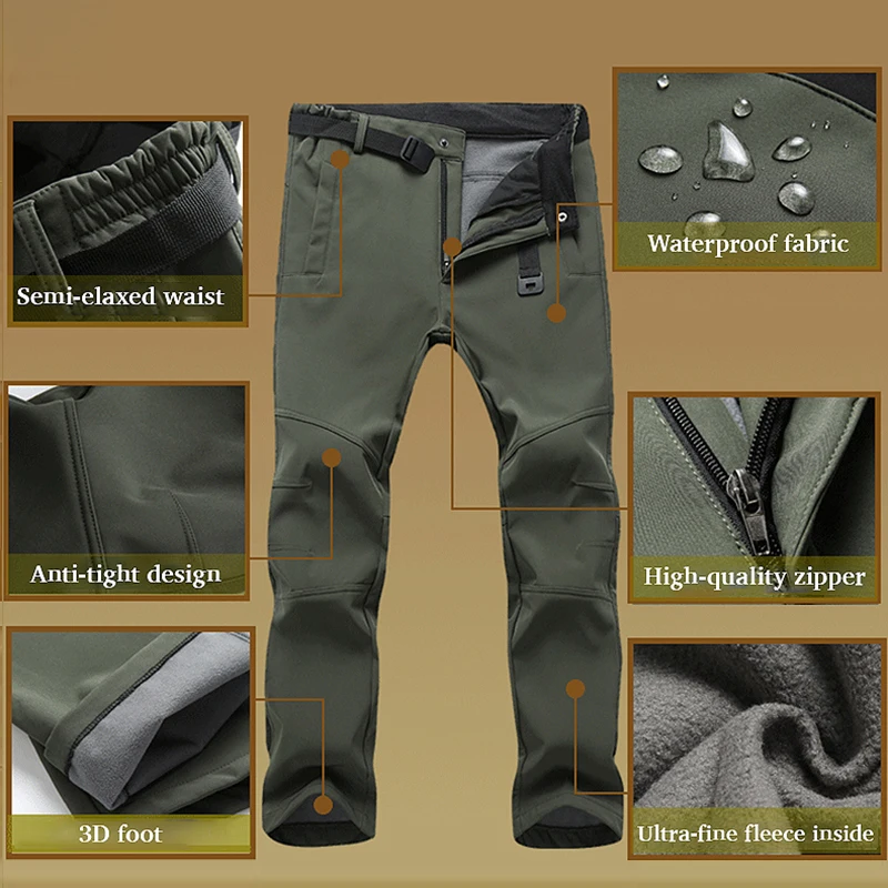 LNGXO Waterproof Fleece Pants for Men Warm and Windproof Soft Shell Camping Trekking Skiing Mountaineering Rain Trousers Winter