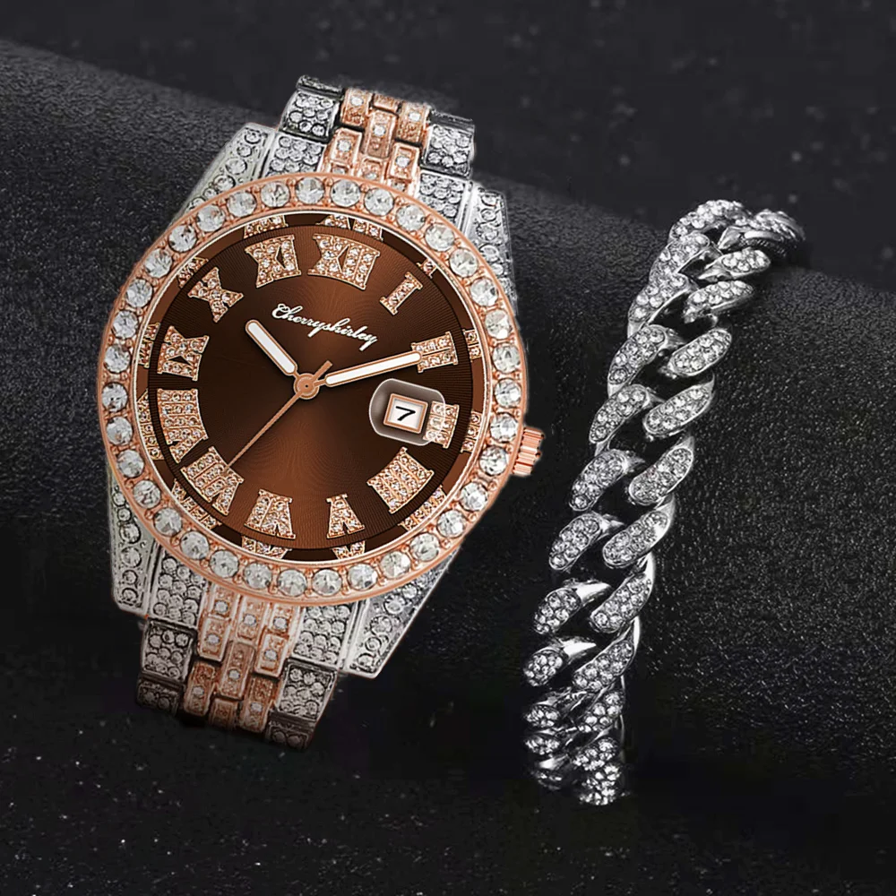 2pcs Full Iced Out Watches Men Miami Cuban Bracelet Bling Bling Luxury Watch Jewelry for Men Gold Watch Men Watch Set Clock Gift
