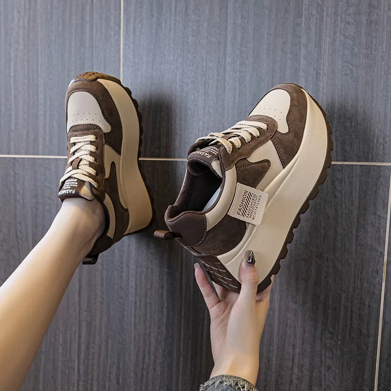 Autumn/Winter Women's Casual Shoes 8cm Thick Bottomed Letter Printed Brown Sports