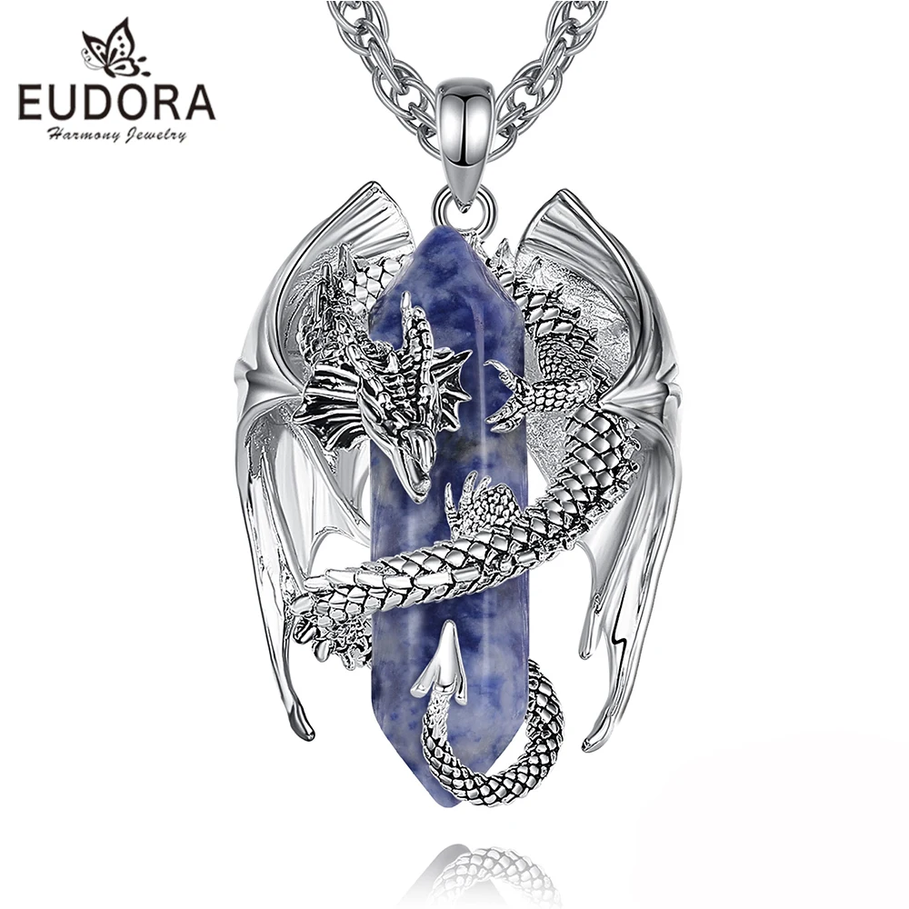 Eudora Dragon Twining Hexagonal Blue-vein Stone Prismatic Necklace Punk Healing Crystal Stone Pendant Jewelry for Women Man Gift pendant necklace