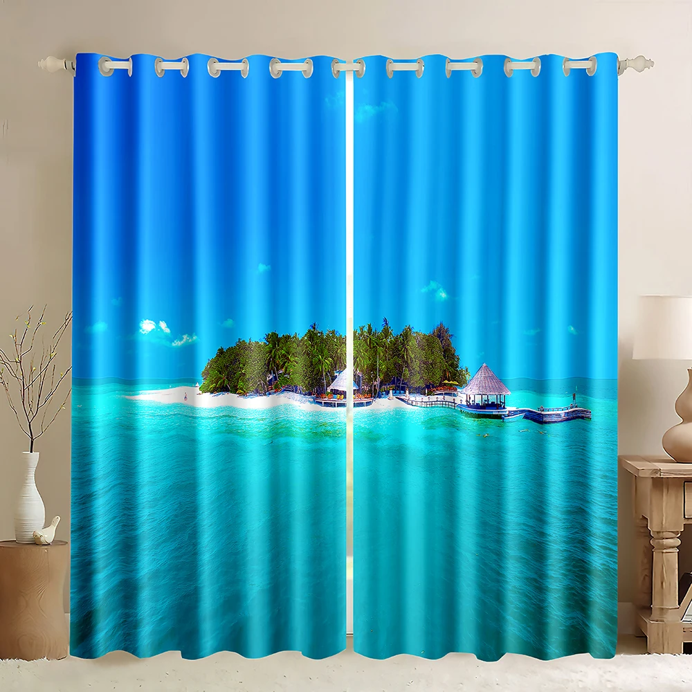 

Tropical Island Blackout Curtains,Ocean Palm Tree Window Curtains Tropical Beach Theme Sea Island View Print Window Drapes