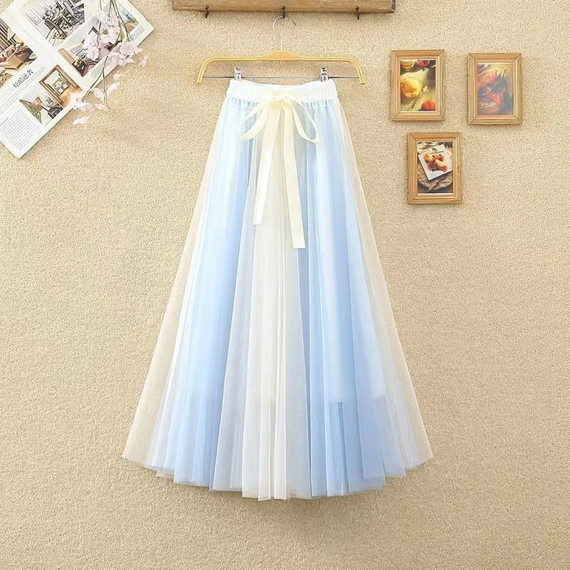

Women High Waist Mesh Skirts Korean Fashion Patchwork Midi Skirts Summer Casual Bow Bandage Female A Line Skirts