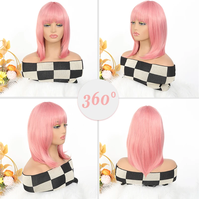 Short Pink Bangs Straight Hair Ladies' Bob Wig Colorful Synthetic Wig Super Soft and Easy to Wear Suitable for Halloween Cosplay
