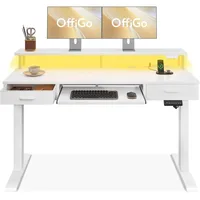 Electric Standing Desk with Drawers & Keyboard Tray, 55 Inch Height Adjustable Desk with Power Outlets & LED Lights, Sit Stand T 1