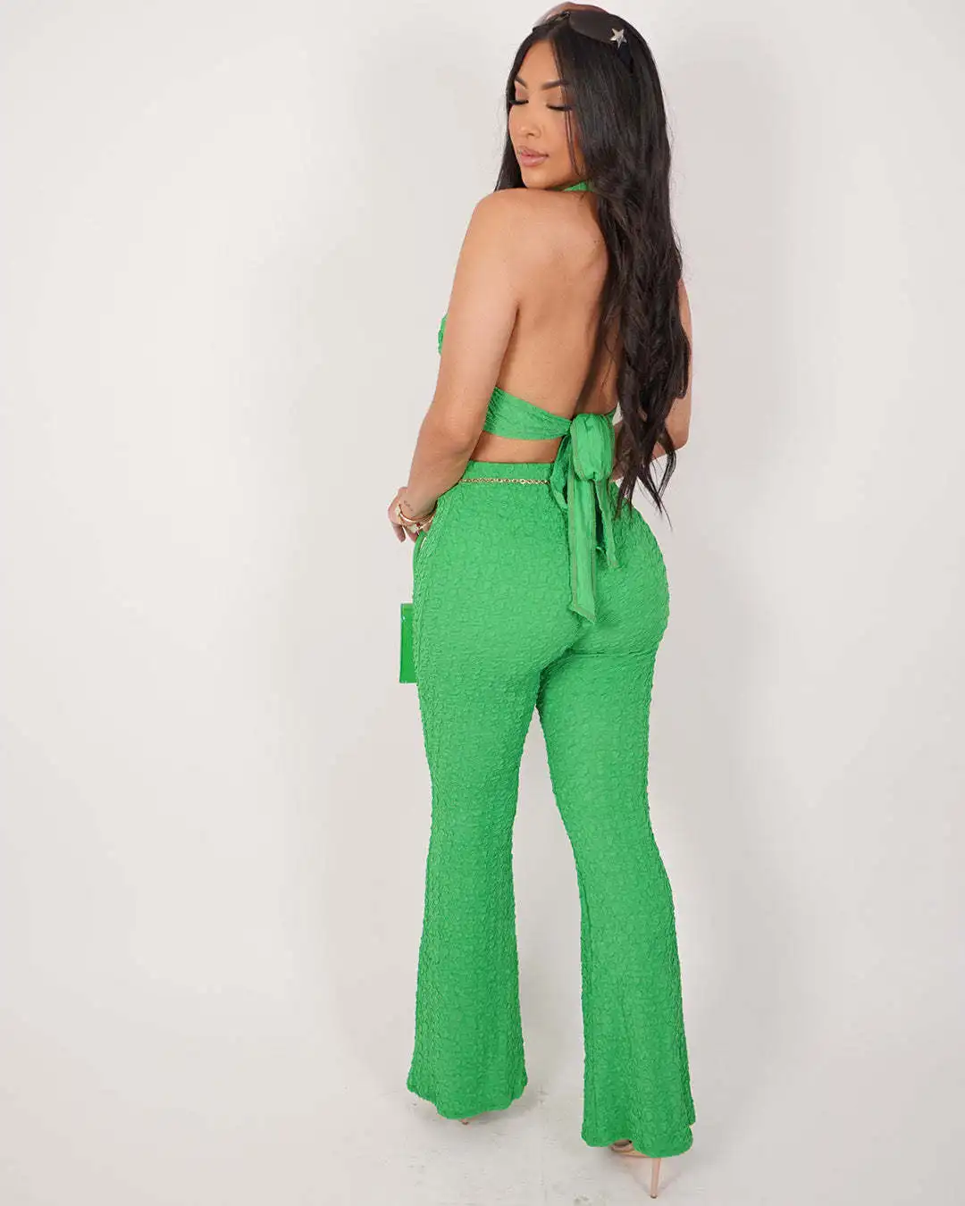 Nightclub Party Sets for Women 2 Pieces Sexy Backless V Neck Sleeveless Halterneck Crop Top Suit Summer Fashion Flared Pant Sets