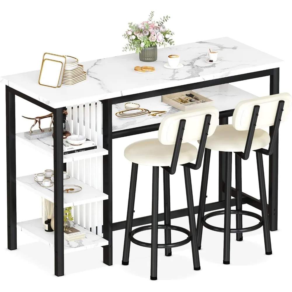 3-Piece Bar Table and Chairs Set, Modern White Faux Marble Table with 2 PU Cushion Bar Stools, Kitchen Counter 5