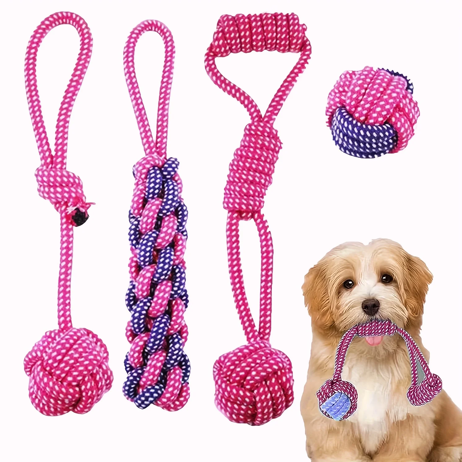 Set di giocattoli con corda da masticare per cani viola da 4 pezzi/5 pezzi – Nodi intrecciati per cani di piccola e media taglia, giocattoli durevoli per la dentizione dei cuccioli da rimorchiatore e gioca