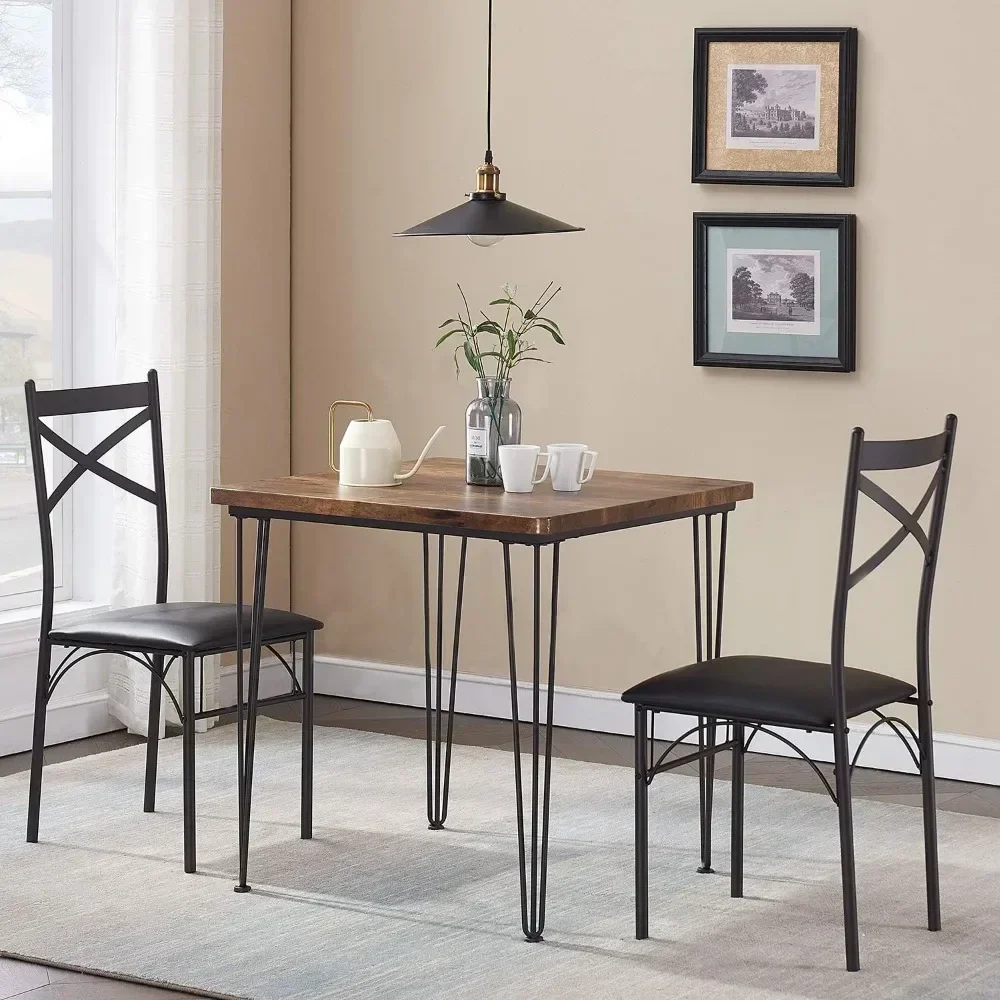 3-Piece Dining Room Kitchen Table and Pu Cushion Chair Sets for Small Space, Set of 3, Brown