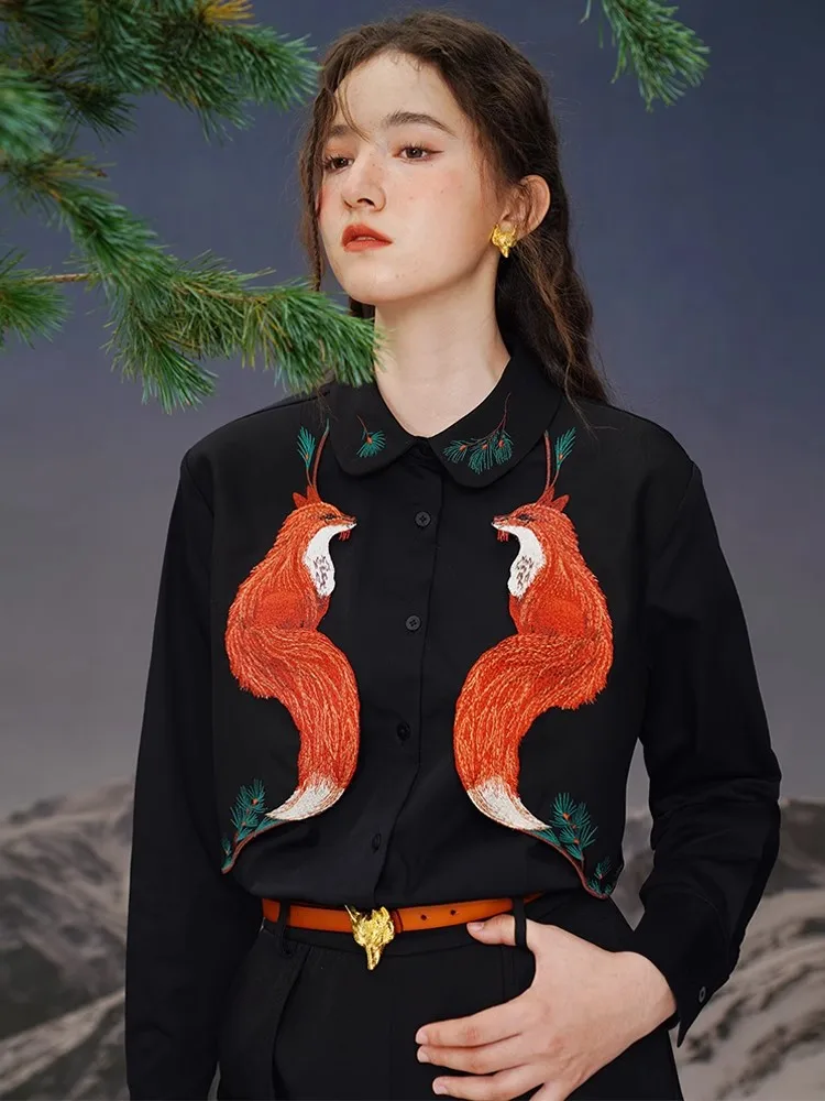 Red Fox Embroidery Shirt for Women, Exquisite Shirt, New Arrival