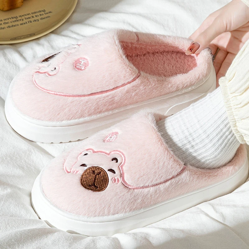Thick Sole Fluffy Home Slippers Women Winter Indoor Thicken Warm Lovely Cotton Slides Woman Couples Non Slip Bedroom Slippers