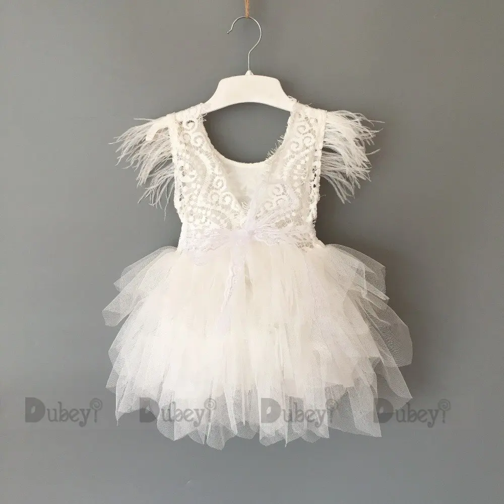 Princess Baby Feather Dress 1st Birthday Party Toddler Girls Lace Flying Sleeve Summer Dress Kids Tutu Clothing with Sashes girls dress maxi dress princess costume