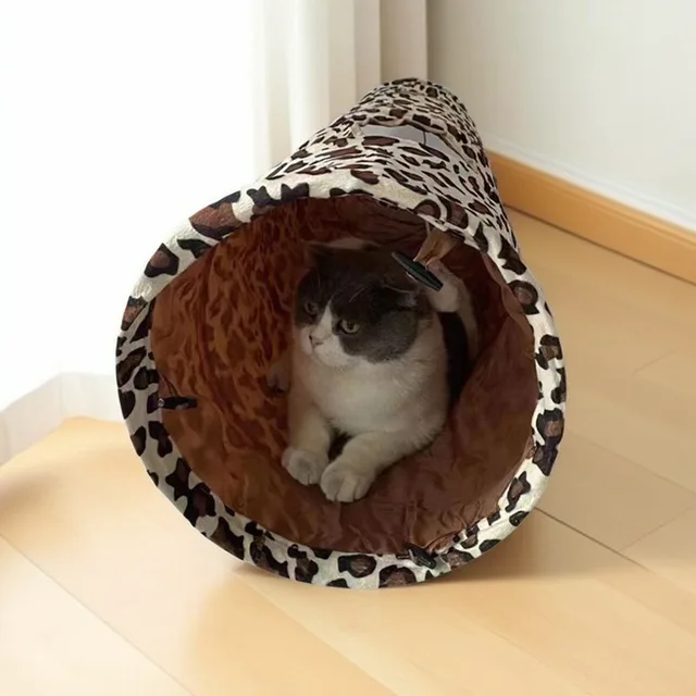 Plush Leopard Print Printed Cat Tunnel Soft and Foldable Cat Friendly Straight Through Three-way Channel Pet Cat Toy 3
