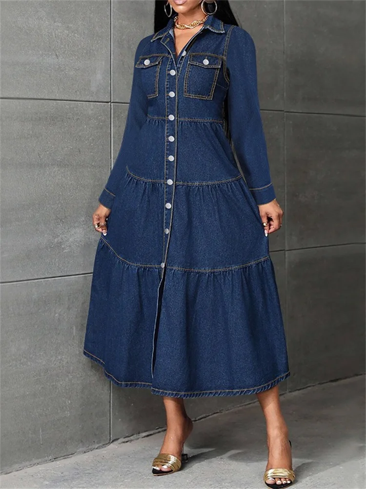 Wmstar Denim Dress Women Casual Button Cardigan Long Sleeve Dresses Fashion Streetwear New Spring Clothes Wholesale Dropshipping