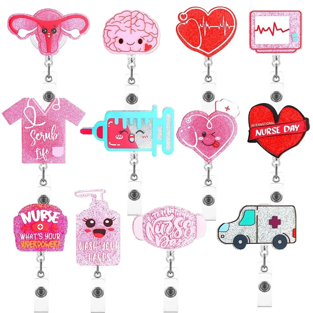 

Выдвижной Бейдж Love Heart для медсестер, бейдж с блестками для лечения холода и таблеток, держатель для ID-карт, поворотный на 360 градусов зажим-крокодил