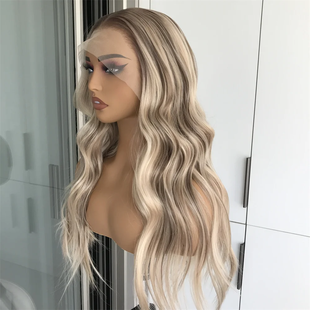 Highlight Honey Blonde Synthetic Lace Front Wig Body Wave Pre Plucked Long Wavy Heat Resistant Fiber Wig for Women Daily Use