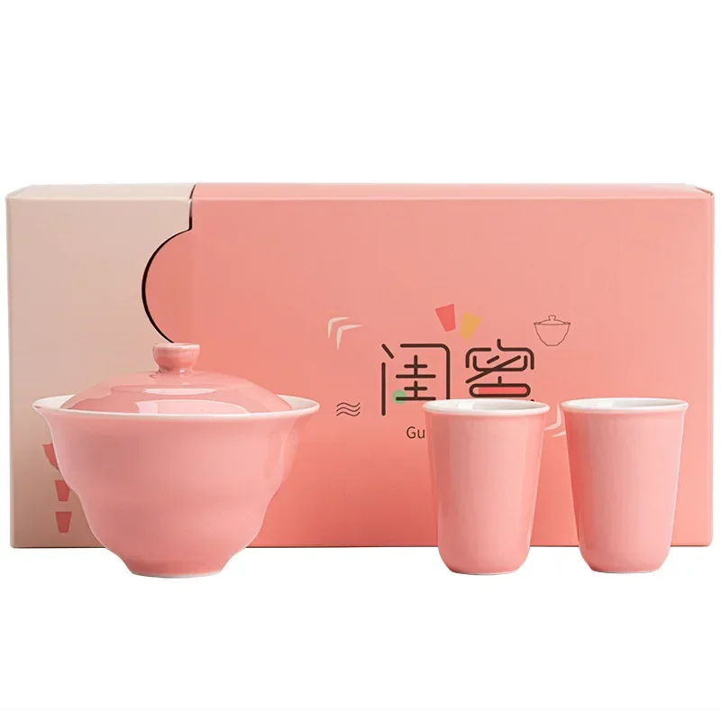 Simple Ceramic Kung Fu Tea Set One Pot and Two Cups Pink Ercai Bowl Goddess' Day Souvenirs Matcha Tools Teaware Kitchen Dining