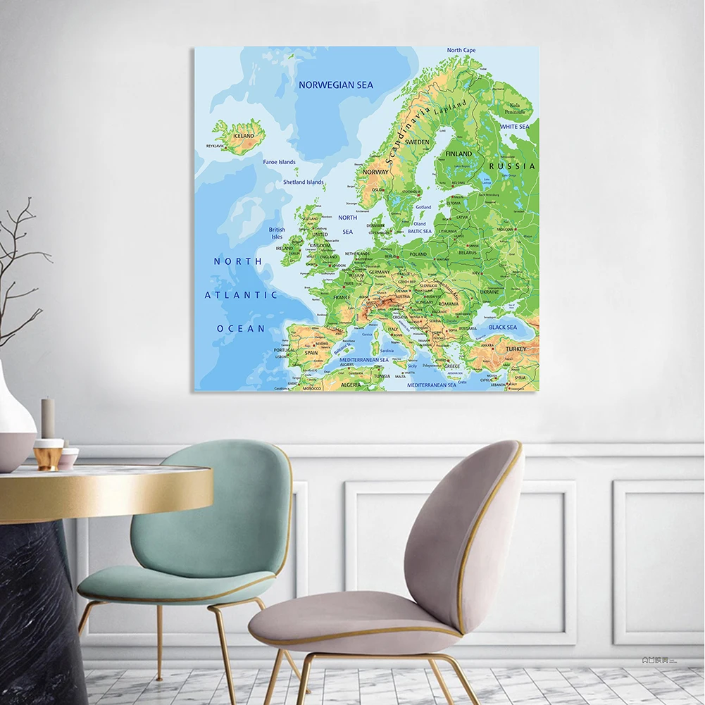 Orographic and Traffic Map of Europe Non-woven Canvas Painting Wall Poster Classroom Home Decoration School Supplies 90*90cm