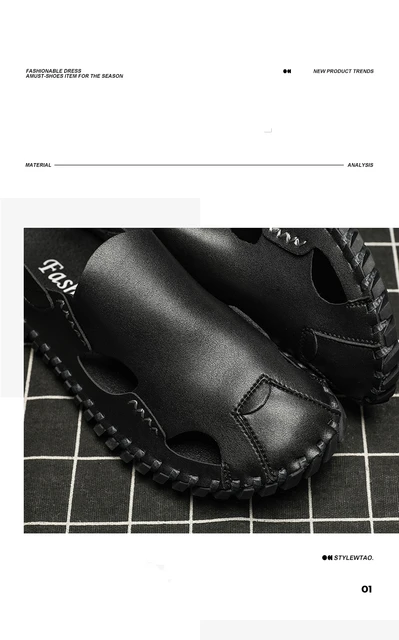 2022 New Arrival Black Men Leather Sandals Summer Slip-on Handmade For Men Beach Shoes Big Size 48 Flat Shoes Casual Men - Men's Sandals - AliExpress