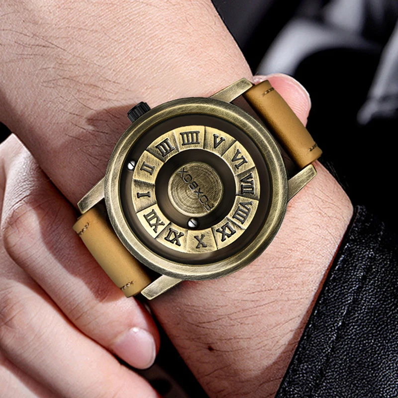 FOXBOX Fashion Leather Watch Men Creative Rolling Pointer Design Watch Men Casual Business Military Men's Quartz WristWatches