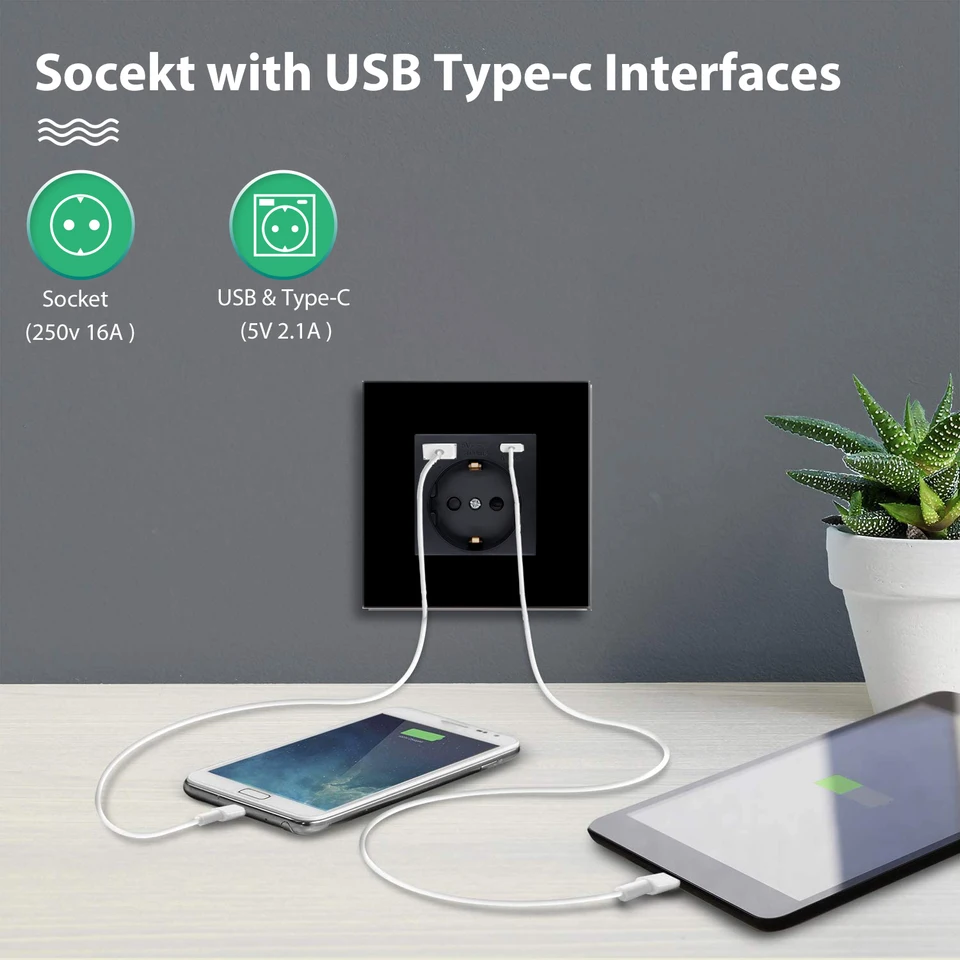 BSEED 1 Gang Plug Socket With 20W USB-C Fast Charging - UK Standard, Glass Panel, Child Safe, Indicator Light, Black - View #10