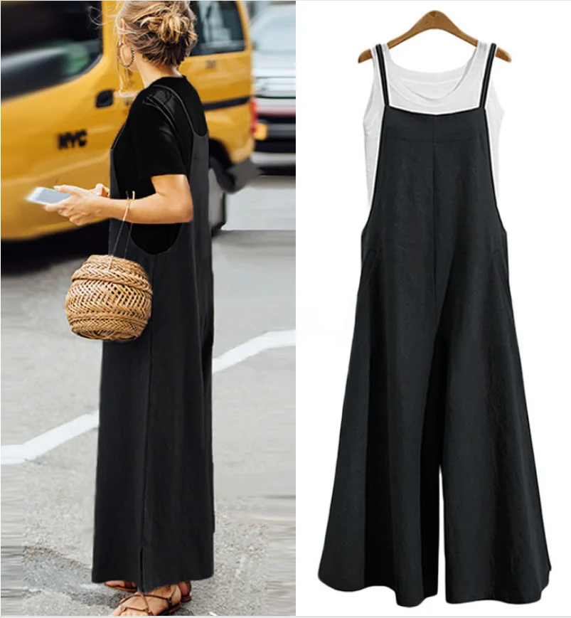 Summer Cotton Linen Jumpsuits Woman Casual Loose Straps Wide Leg Pants Fashion Sleeveless Oversized Jumpsuits Plus Size S-5XL mandylandy jumpsuits summer high waist solid color pleated wide leg jumpsuits womens sexy sleeveless one shoulder slim jumpsuits