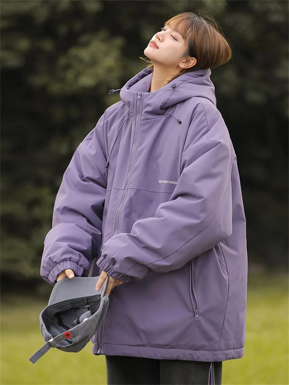 

Purple Women's Windproof Charge Coat Cotton Coat Soft Loose Autumn Hooded Sweatshirt Zip Up Hoodie Streetwear
