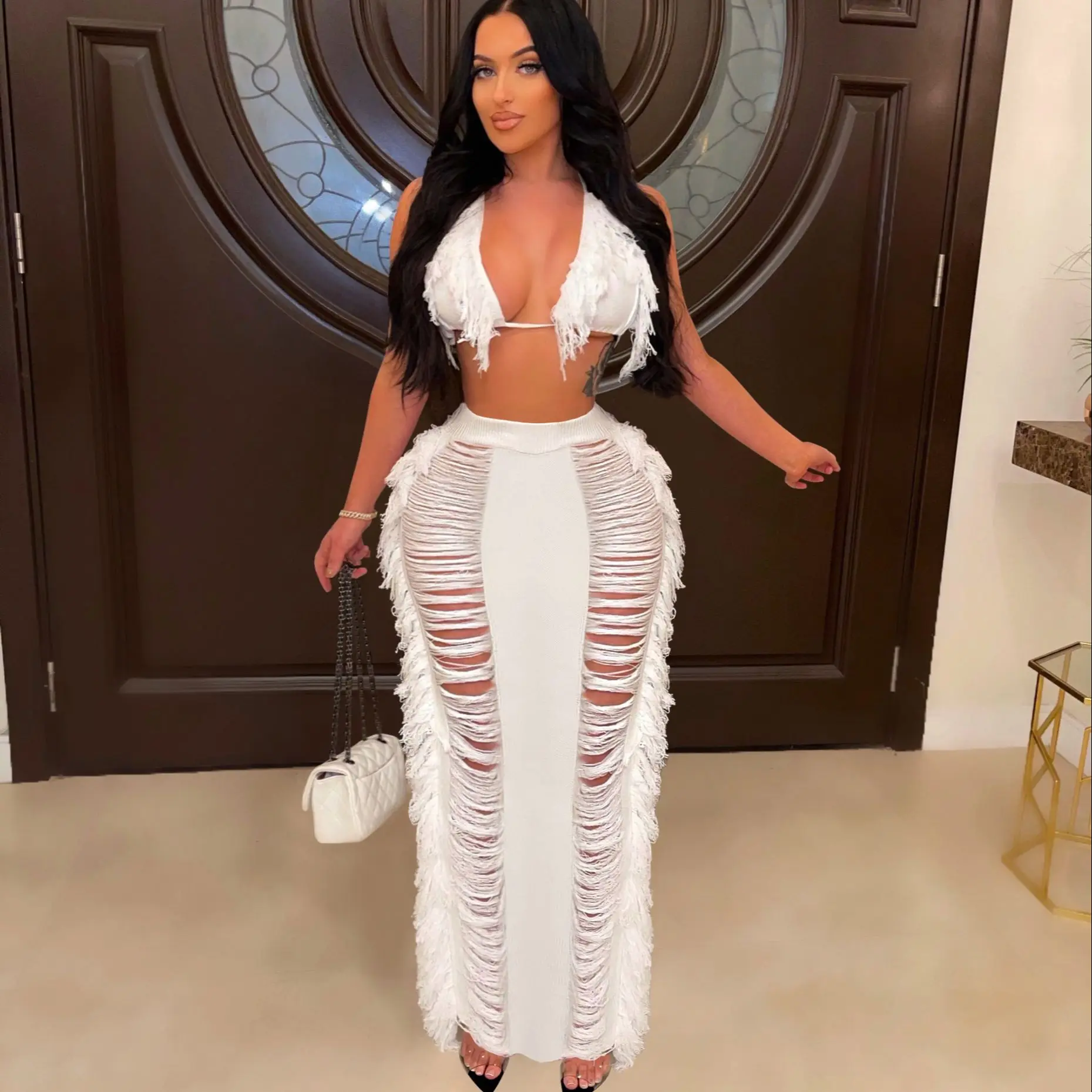 

Fashion Sexy Knitted Tassel Long Skirt Two Peice Set Women Matching Sets Summer Solid Bikini Fringed Hollow Out Skirt Beach Wear