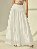 Women  Fashion Tiered Maxi Skirt Elastic Waist Casual Solid Color A-line Faldas Mujer Holiday Streetwear Long Jupes - Image 3