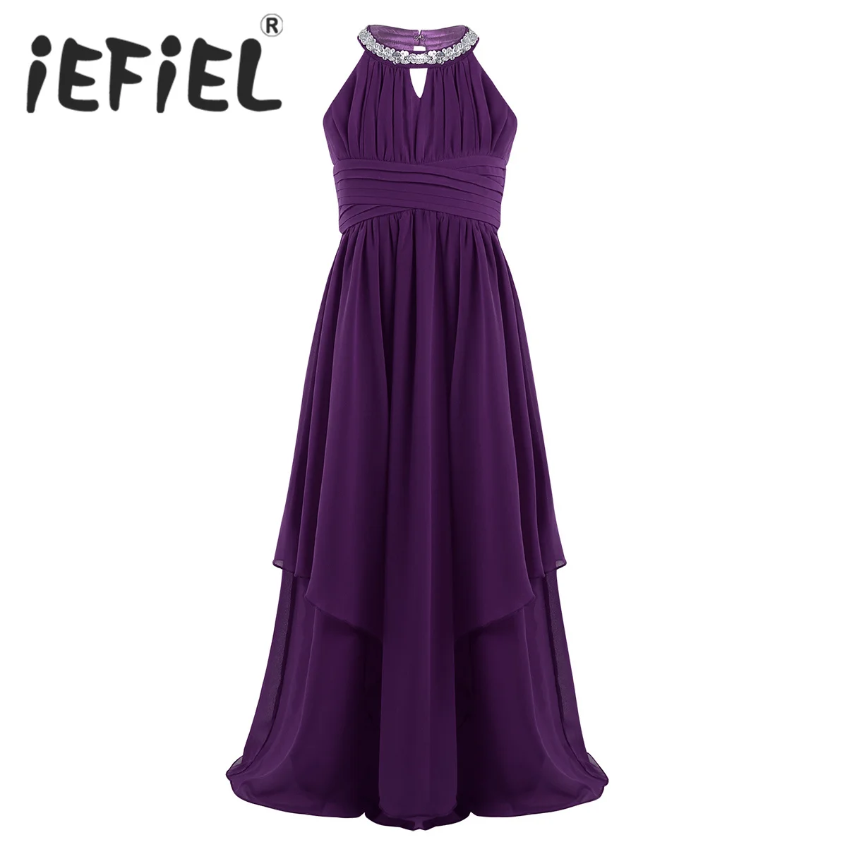 Chiffon Flower Girls Dress Floor-Length Sleeveless Wedding Party Dress Sequined Halter Flower Girl Princess Pageant
