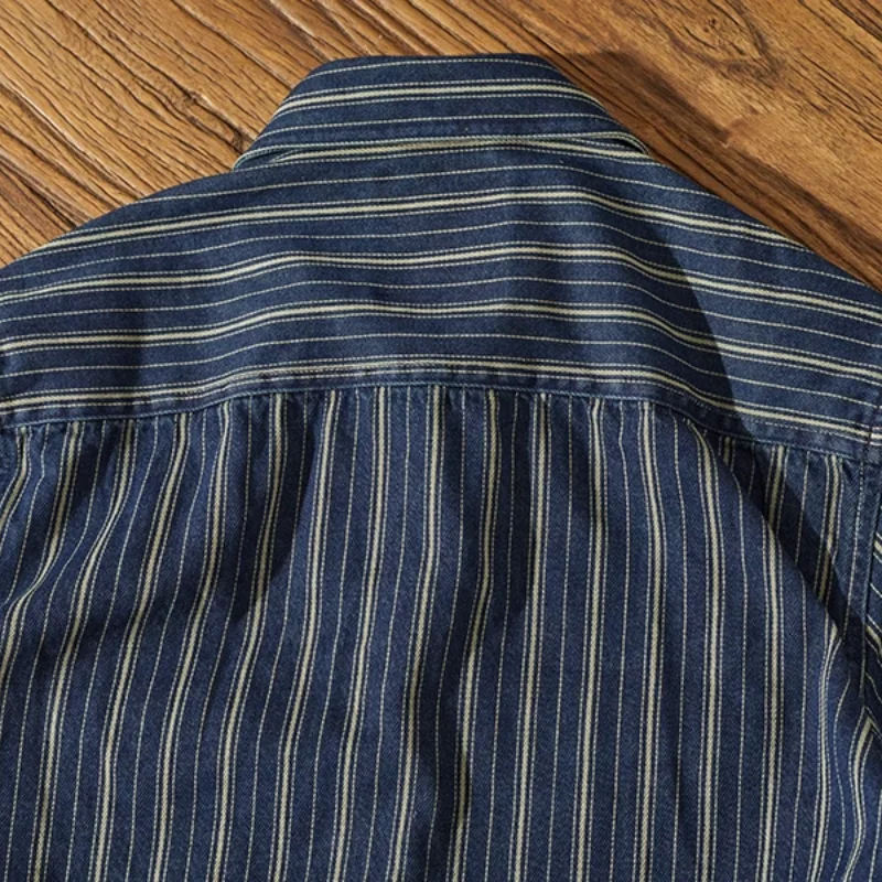 Denim Shirt Vintage vertical stripe denim shirt with heavy Aimi khaki cargo wash to make old men's coat