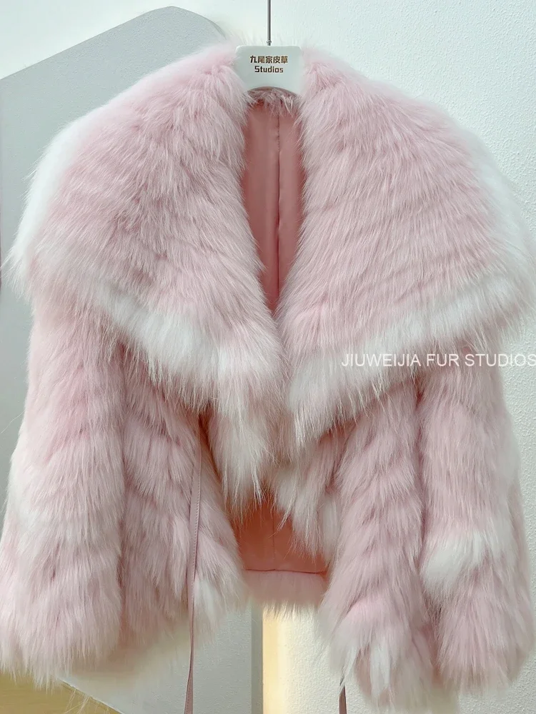 Large Lapel Contrast Coat Short Female 2023 Winter New Woven Real Fox Fur Cute Fashion Fluffy Young Women's Clothing Thick Warm