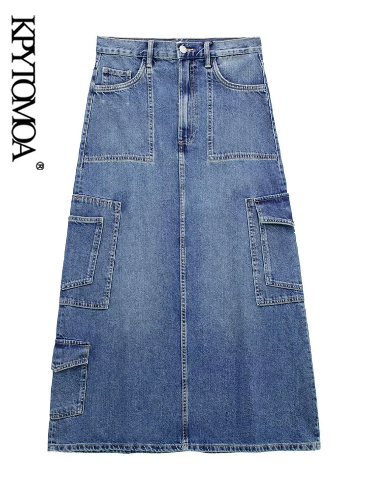 

KPYTOMOA Women Fashion Side Pockets Denim Cargo Midi Skirt Vintage High Waist Zipper Fly Female Skirts Mujer