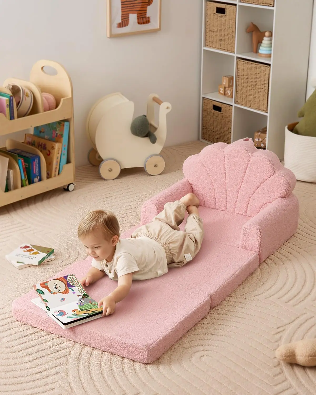 Kids Couch, 2-in-1 Soft Toddler Couch Fold Out, , Pink 4