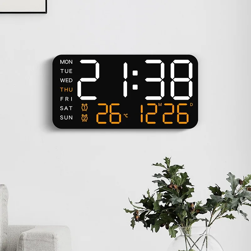 Enhanced LED Digital Wall Clock with Temperature, Date, and Dual Alarm Function - 12/24-Hour Display, No Battery Needed