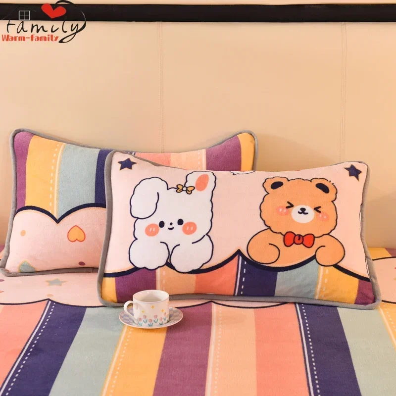 Winter Warm Thicken Flannel Elastic Fitted Sheet Mattress Protector Cover Cartoon Print Plush Soft Cozy Bed Sheet Home Decor 4