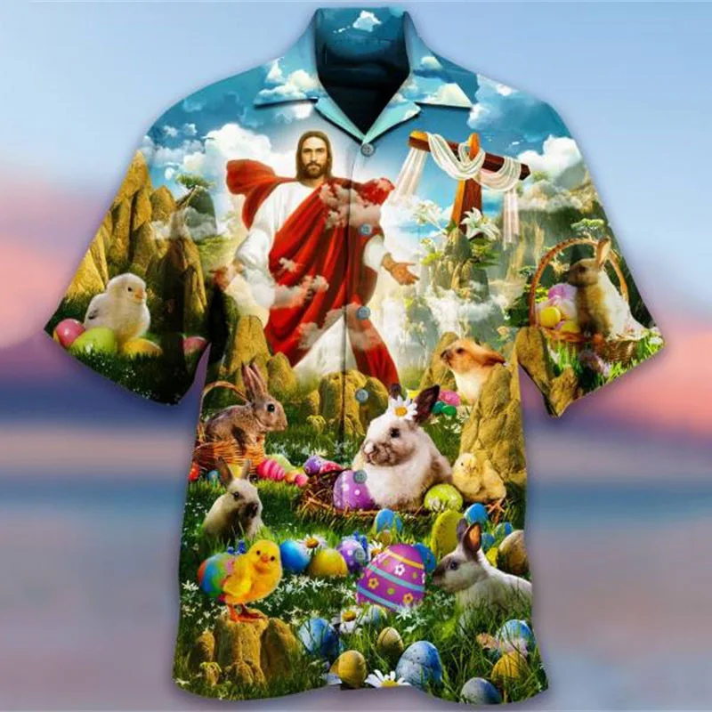 

New Hawaiian Shirts For 3D Easter Bunny pattern Print High-Quality Men'S Clothing Beach Party Short Sleeve Loose Oversized Shirt