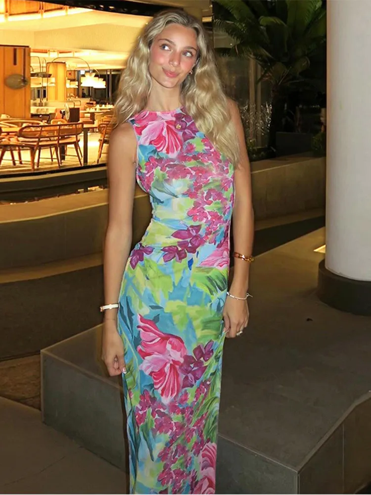 

Летнее облегающее длинное платье без рукавов с открытой спиной и цветочным рисунком, модная женская одежда, женское элегантное пляжное вечернее сексуальное платье, 2024