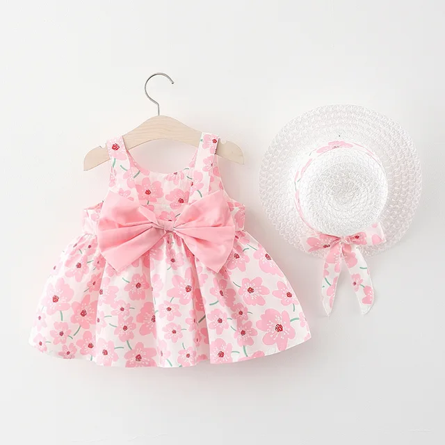 2Piece Summer Clothes Baby Girl Beach Dresses Casual Fashion Print Cute Bow Flower Princess Dress+Hat Newborn Clothing Set BC171 4