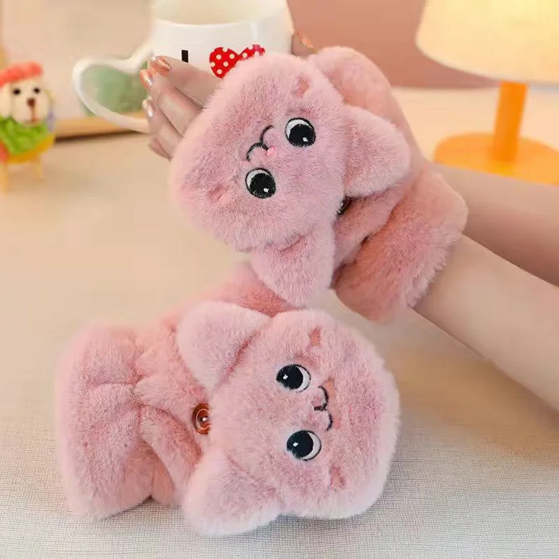 여성용 귀여운 겨울 봉제 고양이 장갑, 손가락 없는 장갑, 사랑스러운 봉제 따뜻한 장갑, 부드럽고 두꺼운 장갑, 여자 반 손가락 장갑