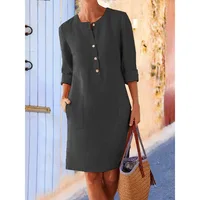 Women Casual Soild Long Sleeve Cotton And Linen Tunic Dress Vintage Straight Dress Long Sleeve Oversized Mini Knee-Length Dress - Image 6