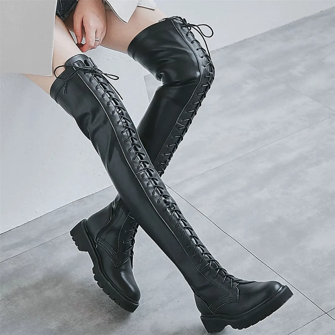 

Winter Warm Shoes Women Lace Up Strap Over The Knee High Motorcycle Boots Female Round Toe Chunky Platform Pumps Casual Shoes