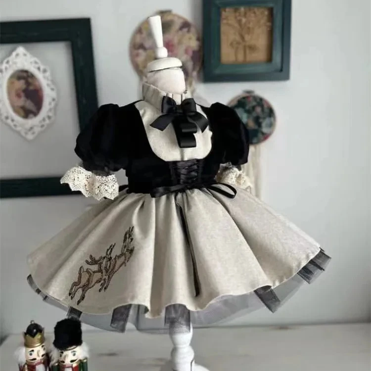 0-12Y طفلة الصيف الأسود الغزلان التطريز التركية خمر فستان الأميرة لعيد ميلاد عطلة عيد الفصح التصوير عيد C105