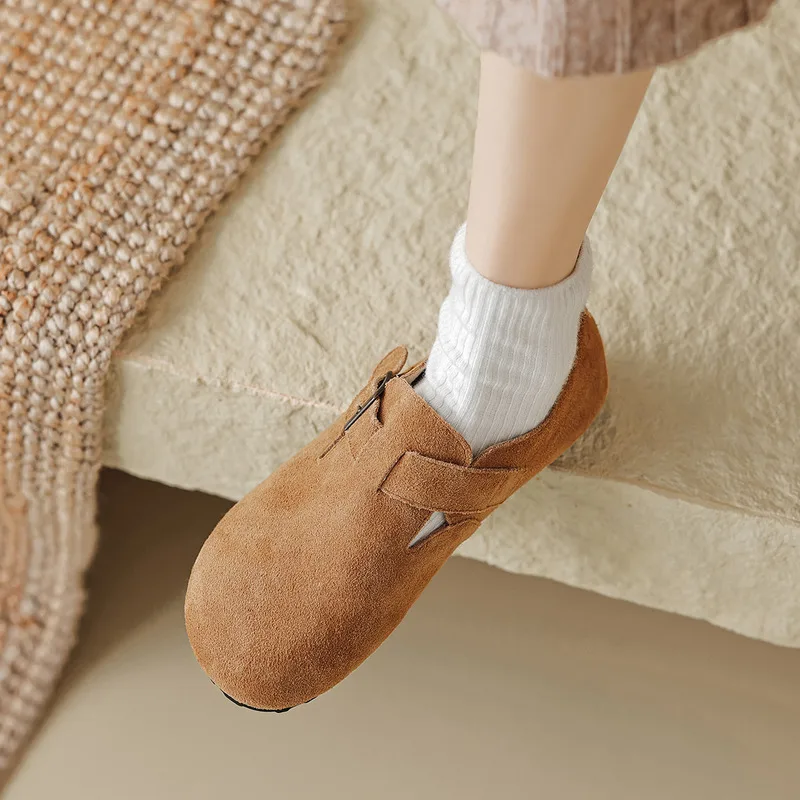 2024 New Women's Genuine Leather Winter Outwear with Plush Shoes Flat Sole, One Step Milard Retro Soft Sole Bucken Single Shoes_voghion.com