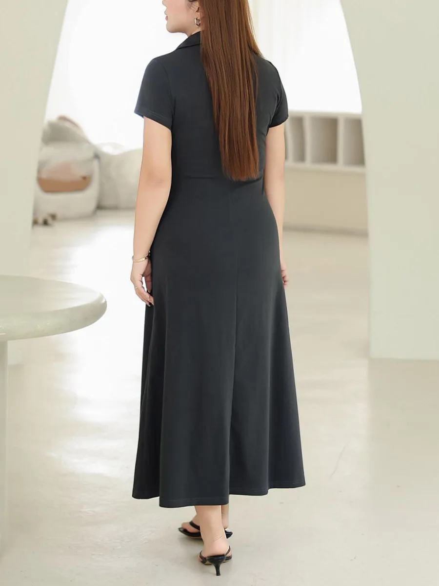 Half Open Placket POLO Collar Slim Waist A-Line Dress Premium Summer Drape Effect Dark Grey Cotton Plus Size Women Long Dress