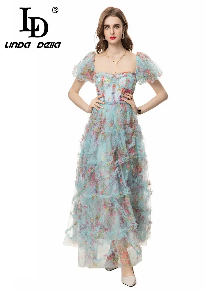 

LD LINDA DELLA Summer Runway Fashion Gorgeous Chic Dress Women's Floral Print Cascading Ruffle Backless Puff Sleeve Long Dresses