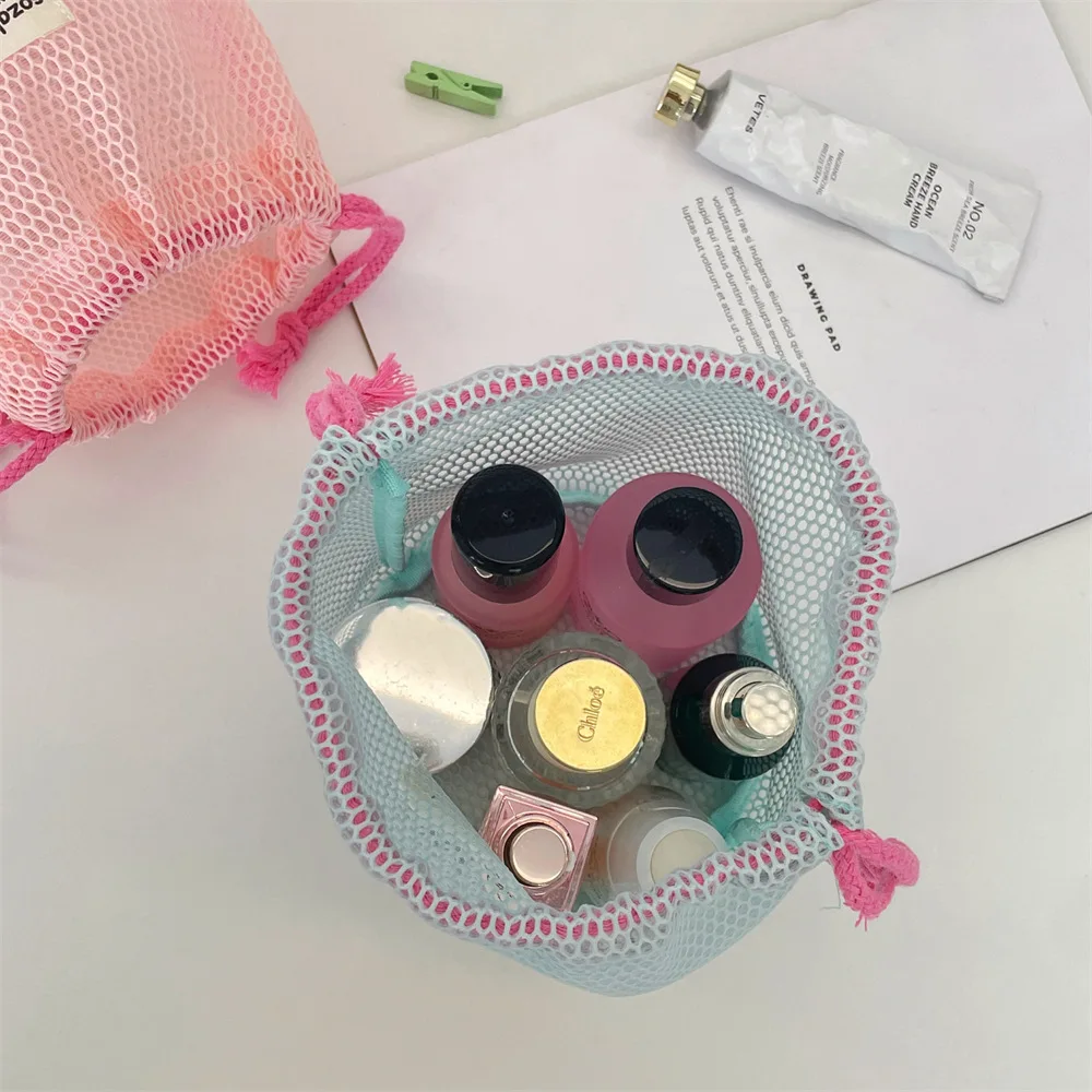 Woven Label Candy Colors Visible Mesh Beach Toy Storage Bag Portable Drawstring Makeup Brush Holder Bag for Girls